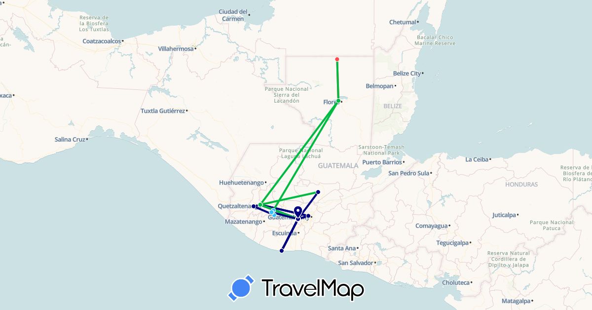 TravelMap itinerary: driving, bus, hiking, boat in Guatemala (North America)